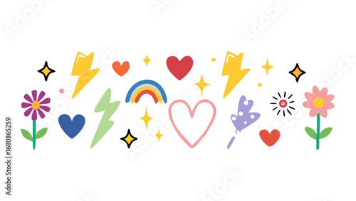 Colorful doodle elements with lightning bolts and flowers