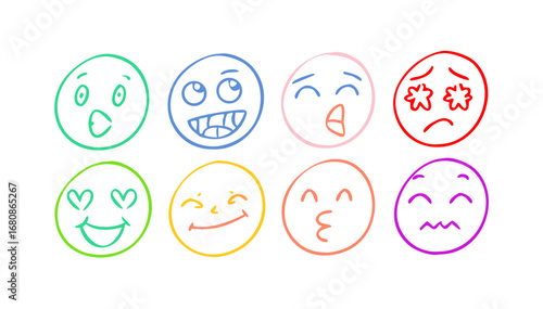 Colorful doodle faces expressing emotions emoji sketch