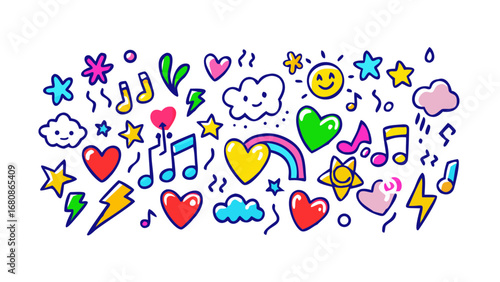 Colorful doodle icons with hearts and music notes stars