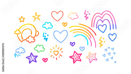 Colorful doodle icons with rainbow and stars hearts