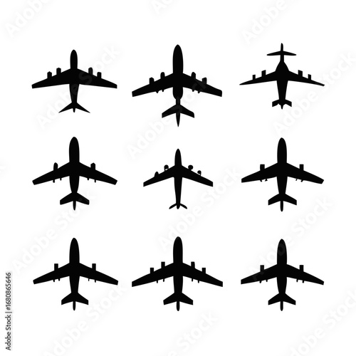 Vector art of collection of airplane silhouettes showcasing various aircraft designs and flight patterns for aviation and travel related themes