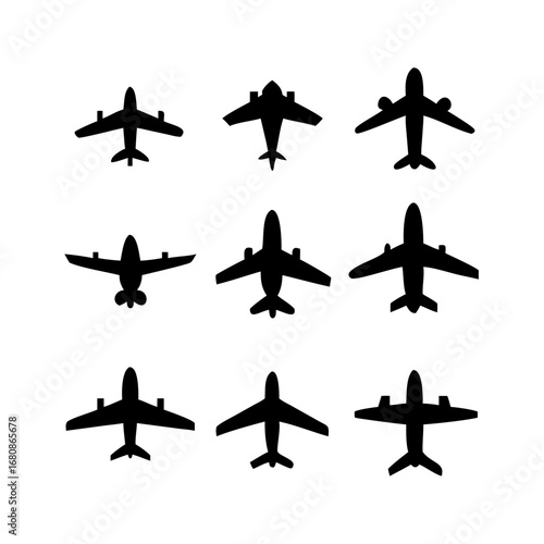 Vector art of collection of various airplane silhouettes, showcasing different aircraft designs and models for aviationrelated themes and projects