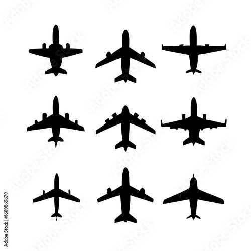 Vector art of set of airplane silhouettes, showcasing different aircraft models for aviation, travel, and transportationrelated creative projects