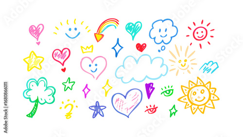 Colorful hand drawn doodles of happy faces and celestial bodies