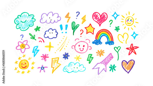 Colorful hand drawn doodles with weather and nature elements