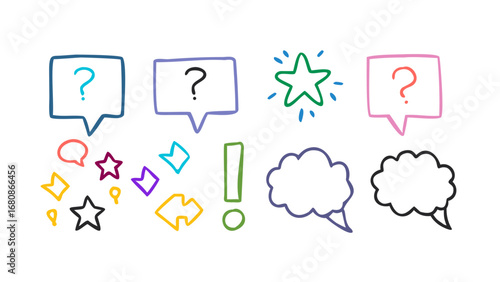 Colorful speech bubbles and shapes question marks exclamation mark