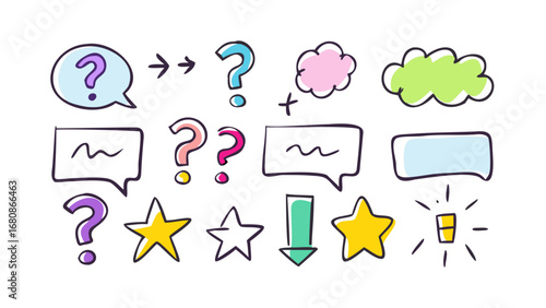 Colorful speech bubbles and symbols question marks