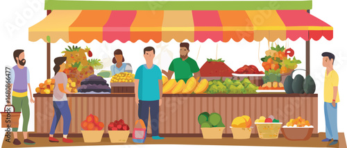 People shopping at a vibrant fruit and vegetable stand, selecting fresh produce in a bustling outdoor market