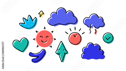 Cute doodle elements with happy face and clouds heart