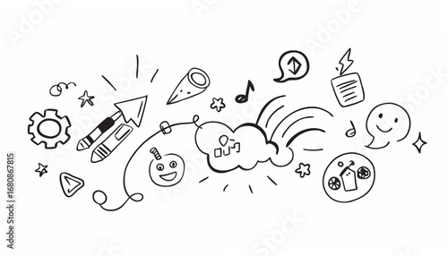 Doodle icons with playful elements black and white