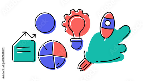 Doodle set of office icons business startup