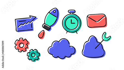 Doodle style office icons business graph