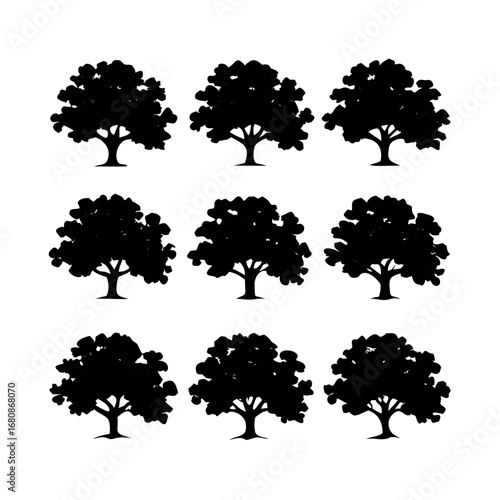 Vector art of set of nine identical tree silhouettes, perfect for creating patterns or representing a uniform forest landscape