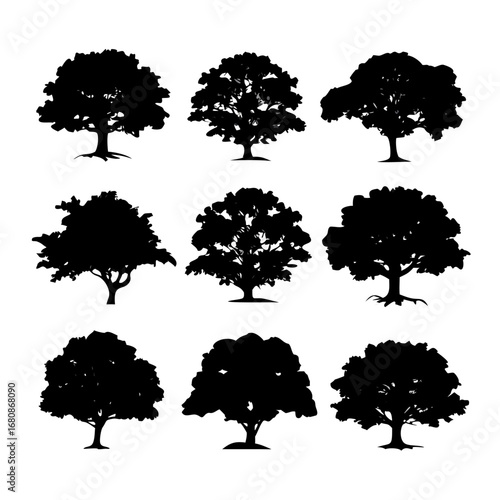 Vector art of diverse collection of nine tree silhouettes, showcasing various tree types and forms for ecological or design projects
