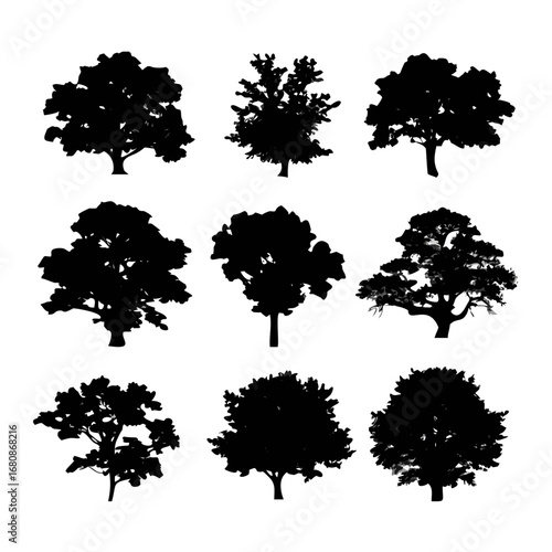 Vector art of a diverse set of tree silhouettes, ideal for representing nature, forestry, or adding a touch of wilderness to designs