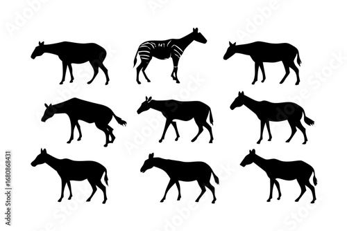 Vector art of collection of okapi silhouettes, showcasing the unique and elusive african forest giraffe in various poses and angles