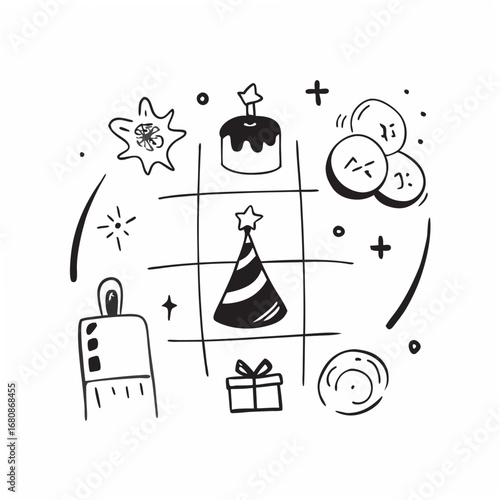 Festive Tic Tac Toe Grid with Party Elements birthday