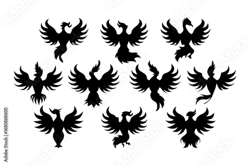 Vector art of collection of phoenix bird silhouettes, representing mythical creatures, rebirth, and power in various flying poses and designs
