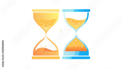 Golden blue hourglasses with flowing sand time