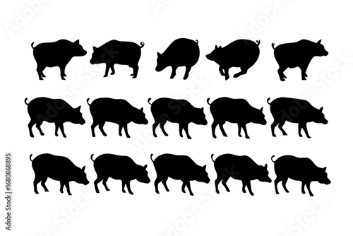 Vector art of collection of wild boar silhouettes, depicting feral pigs in various poses, a vector illustration