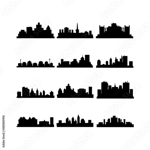 Vector art of twelve unique city skyline silhouettes, showcasing diverse urban landscapes and architectural designs for various creative applications