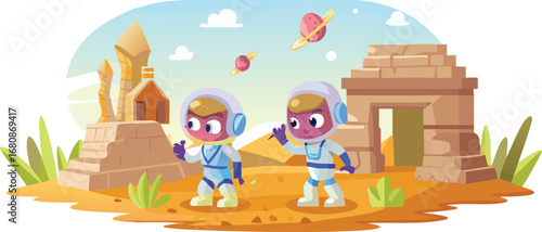 Two children in space suits play together in a sandy desert landscape under a clear blue sky