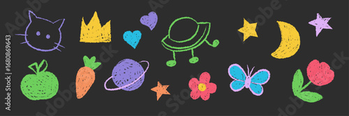 Playful hand drawn chalk textured doodle elements. Crayon, pencil cat face, crown, hearts, planet, flowers, butterfly, stars, moon and vegetables.