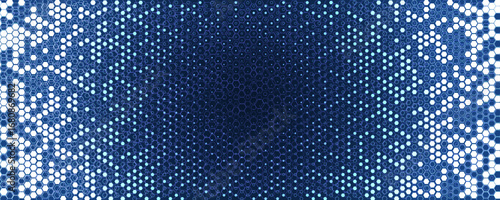 Blue White Hexagon Background Glowing Honeycomb Pattern for AI, Tech Forum, Science Medical Conference, Digital Startup Ad. Hexagonal Modern Texture. Halftone Gradient Backdrop. Vector Abstract BG