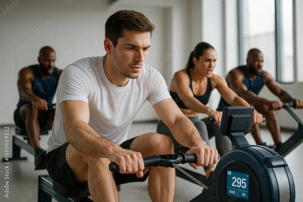 Obraz premium Focused group of athletes training on rowing machines indoors during a fitness workout session in a well-lit modern gym environment. Ai generative