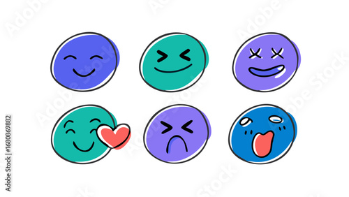 Hand drawn emoji faces with varied expressions cartoon