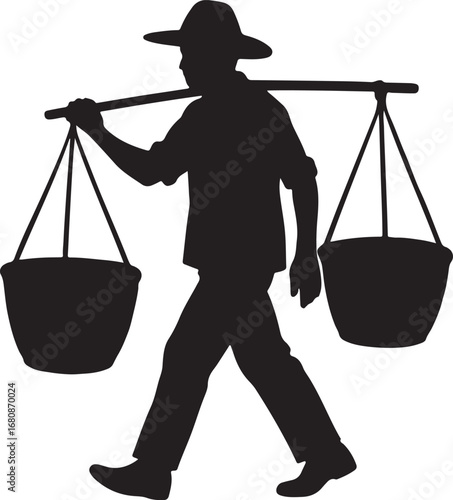 Black silhouette of a person wearing a hat carrying two baskets on a pole over their shoulders vector