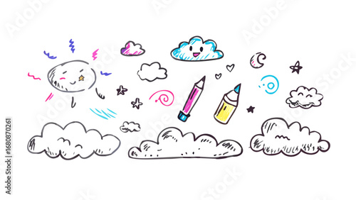 Hand drawn sun clouds and pencils crayon marker