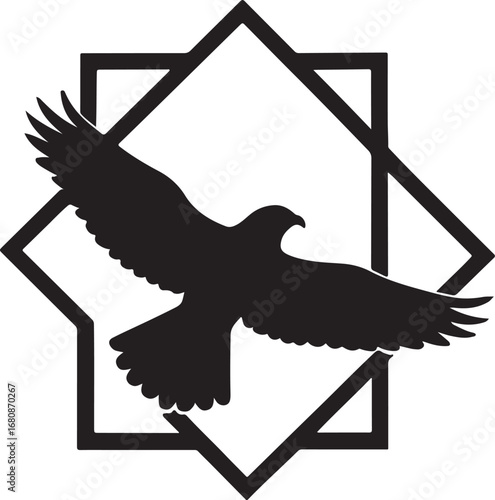 Black silhouette of a bird of prey in flight within an octagonal frame falcon hawk