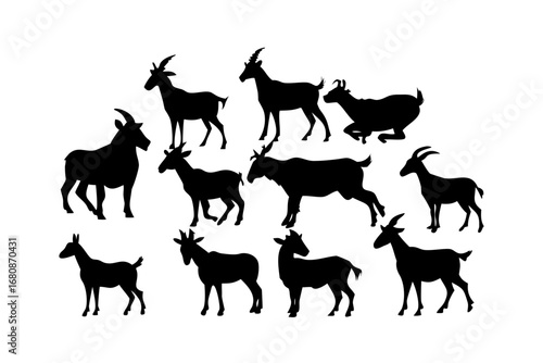 Vector art of goat silhouettes, a diverse collection of farm animals for graphic design, illustrating rural life and domestic livestock