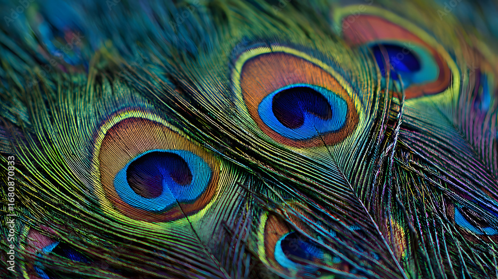 Fototapeta premium Stunning peacock feathers display vibrant eye patters in intricate natural beaty and detail