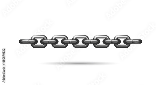 A metallic chain with five links connected horizontally isolated on a white background with a subtle shadow