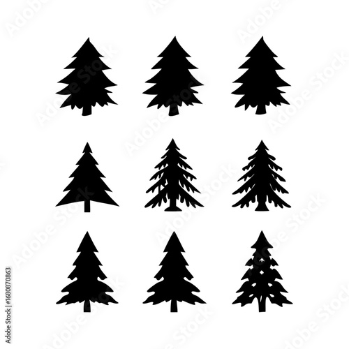 Vector art of set of nine different christmas tree silhouettes for holiday decoration, greeting card, and winter design element
