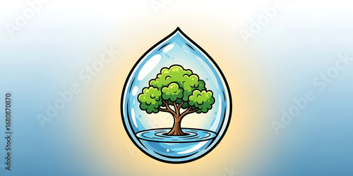 Tree Growing Inside a Water Drop Symbolizing Life and Purity
