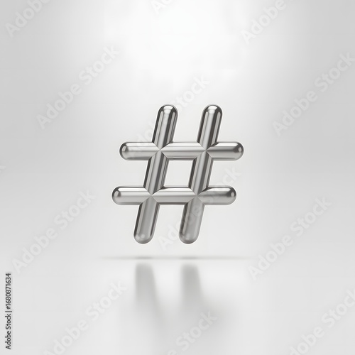 Shiny silver hashtag symbol on a reflective white background