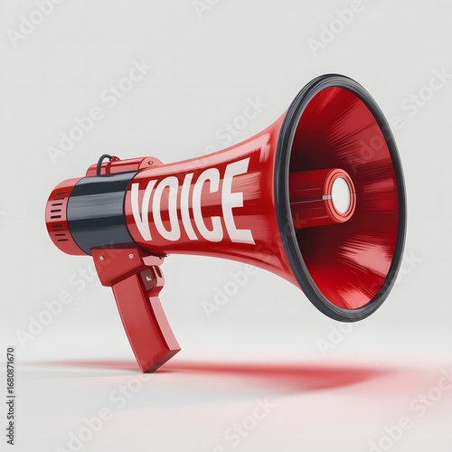 Red megaphone with the word voice written on it against a white background