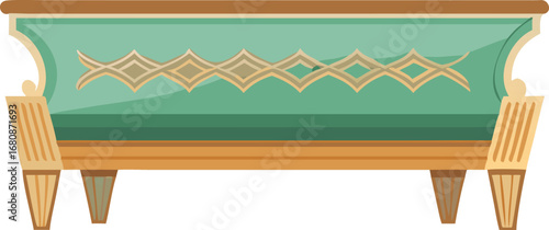 Old-style bench featuring a green and brown design, showcasing intricate patterns and a vintage aesthetic