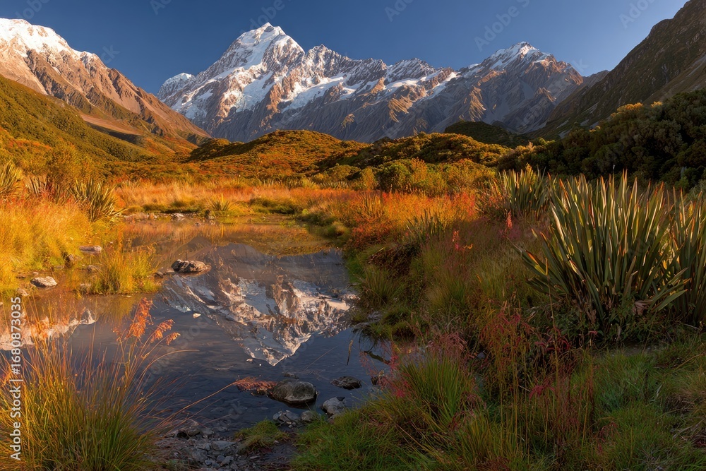Obraz premium Mountain reflection in a tranquil alpine pool at dawn