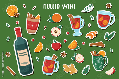 Set of mulled wine ingredients. Bottle and cups of mulled wine with oranges, apples, ginger, anise, cardamon and cinnamon sticks. Vector flat cliparts.