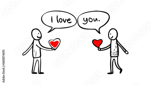 Two figures sharing red hearts love people