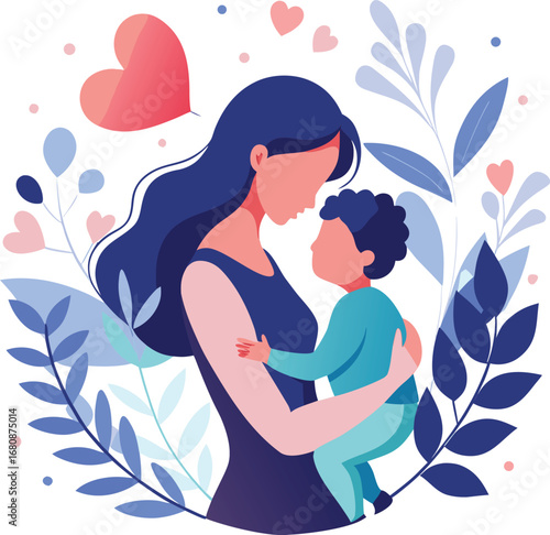 Mother and child surrounded by hearts and leaves, symbolizing love and nature