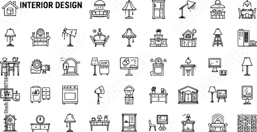 Home interior and furniture icon set. Thin line editable stroke icons for interior design, decoration, home styling, appliances, renovation, architecture
