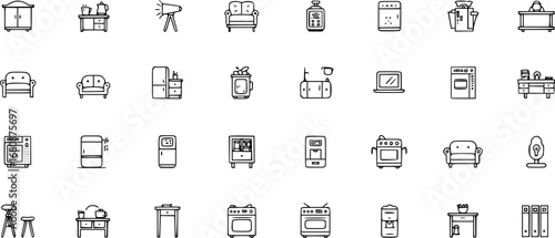 Home interior and furniture icon set. Thin line editable stroke icons for interior design, decoration, home styling, appliances, renovation, architecture