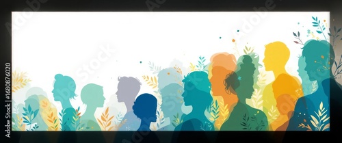 Abstract mental health illustration featuring diverse human silhouettes, brains and nature elements. Symbolizes awareness, support, growth, and wellbeing. Ideal for psychology, self-care, and wellness