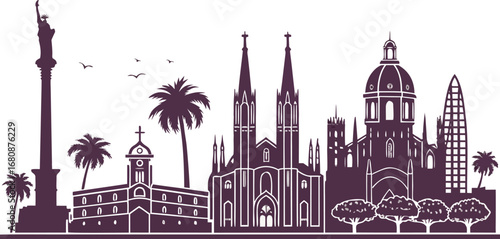 Mexico City skyline featuring modern skyscrapers and historic buildings against a clear blue sky