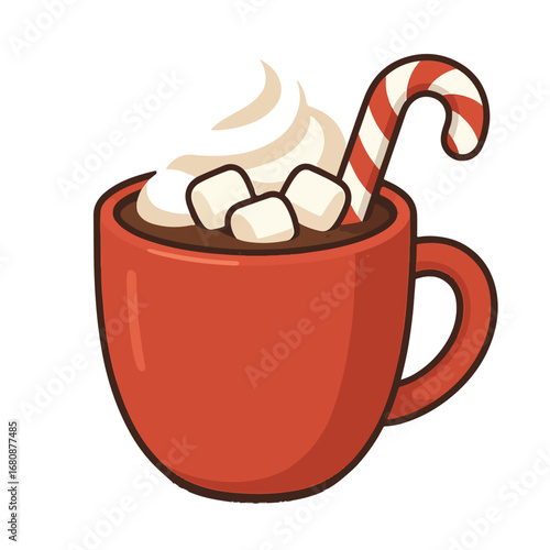 Festive Hot Chocolate in a Mug with Candy Cane and Marshmallows